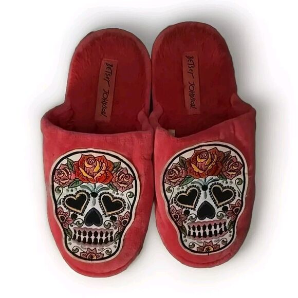 Betsey Johnson Sugar Skull Roses Pink Padded Velvet Slippers Sz 5-6 Ex Small - Picture 3 of 7